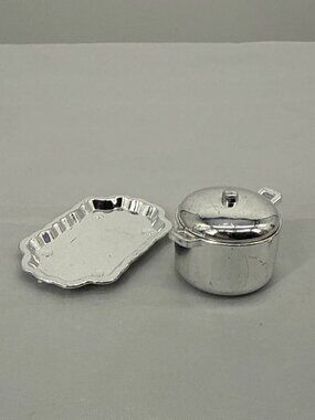 Silver Miniature Dollhouse Kitchen Pot & Tray Set Coquette Retro Decor